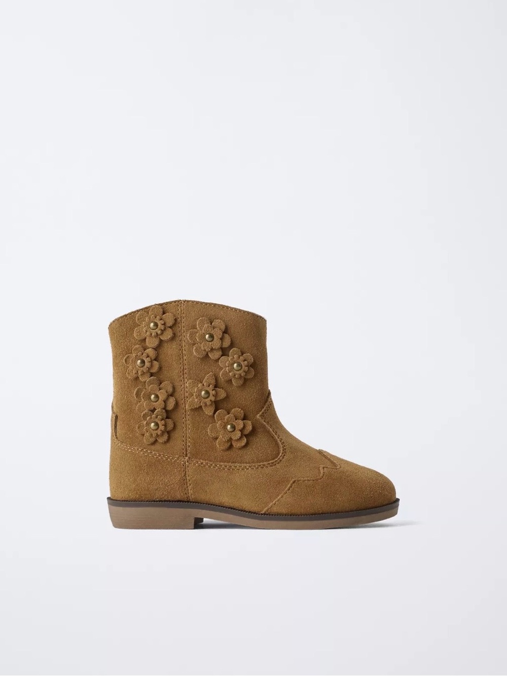 Zara Toddler Girls Flower Appliqué Suede Ankle Boots - Camel